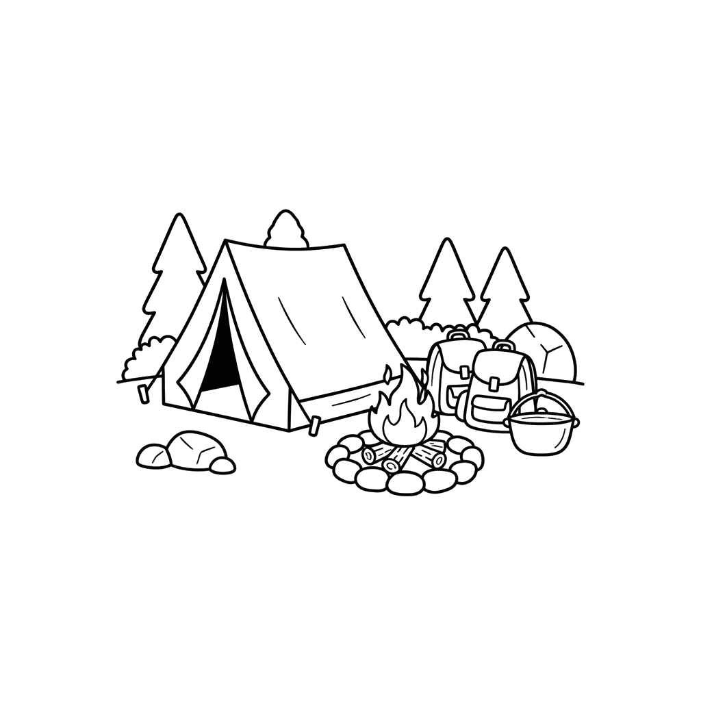 Camping Tent and Campfire Coloring Page
