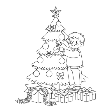 Coloriage Enfant Décorant un Sapin de Noël