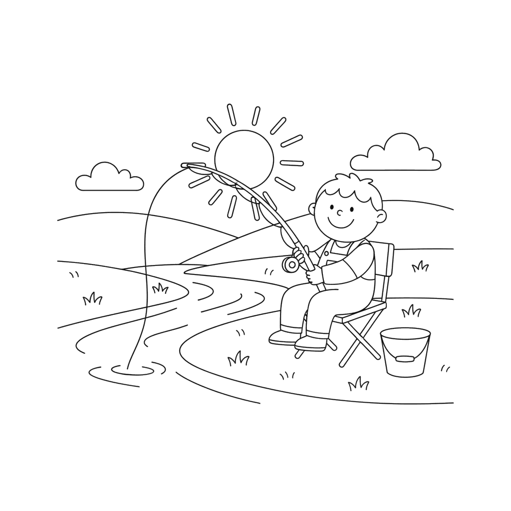 Child Fishing by the River Coloring Page