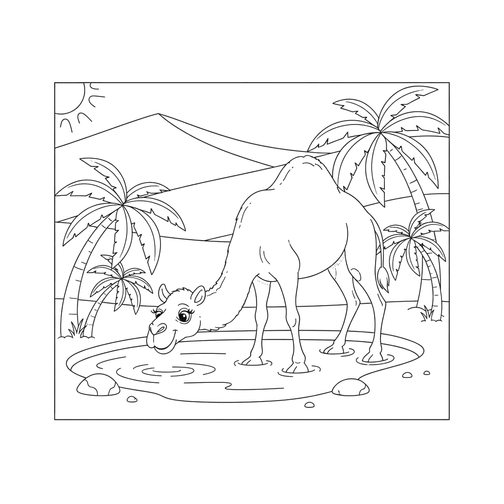 Camel Drinking at Oasis Coloring Page