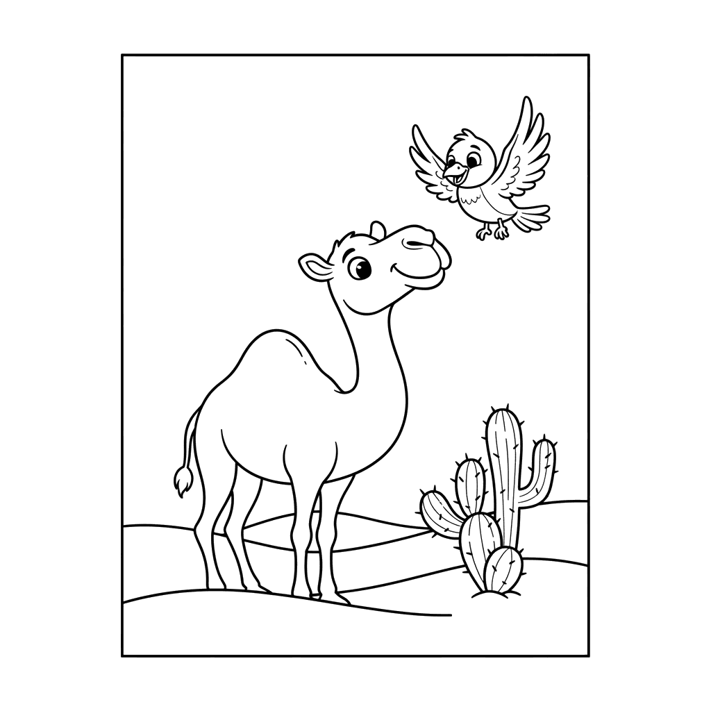 Camel and Desert Bird Coloring Page