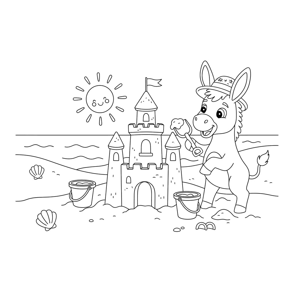 Donkey Building a Sandcastle Coloring Page