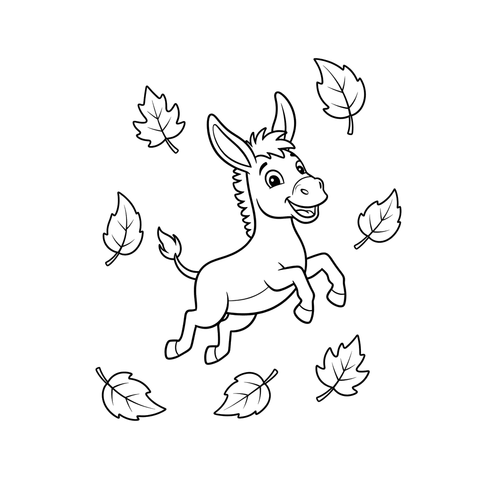 Donkey Jumping in Autumn Leaves Coloring Page