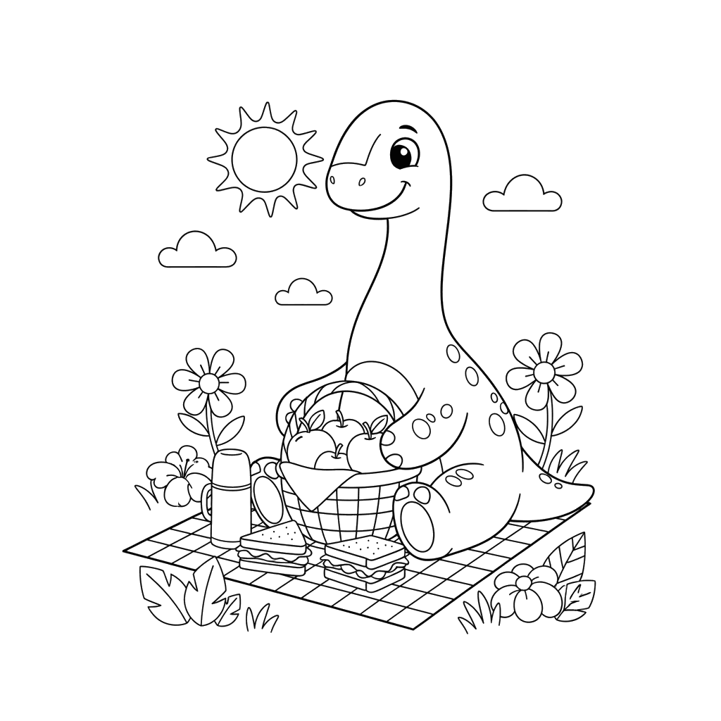 Dinosaur Picnic Coloring Page