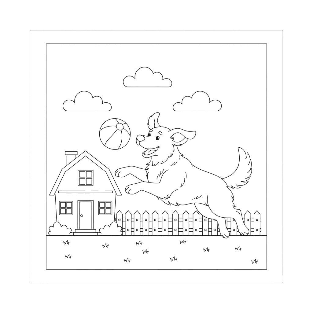 Dog Chasing Ball at Farmhouse Coloring Page