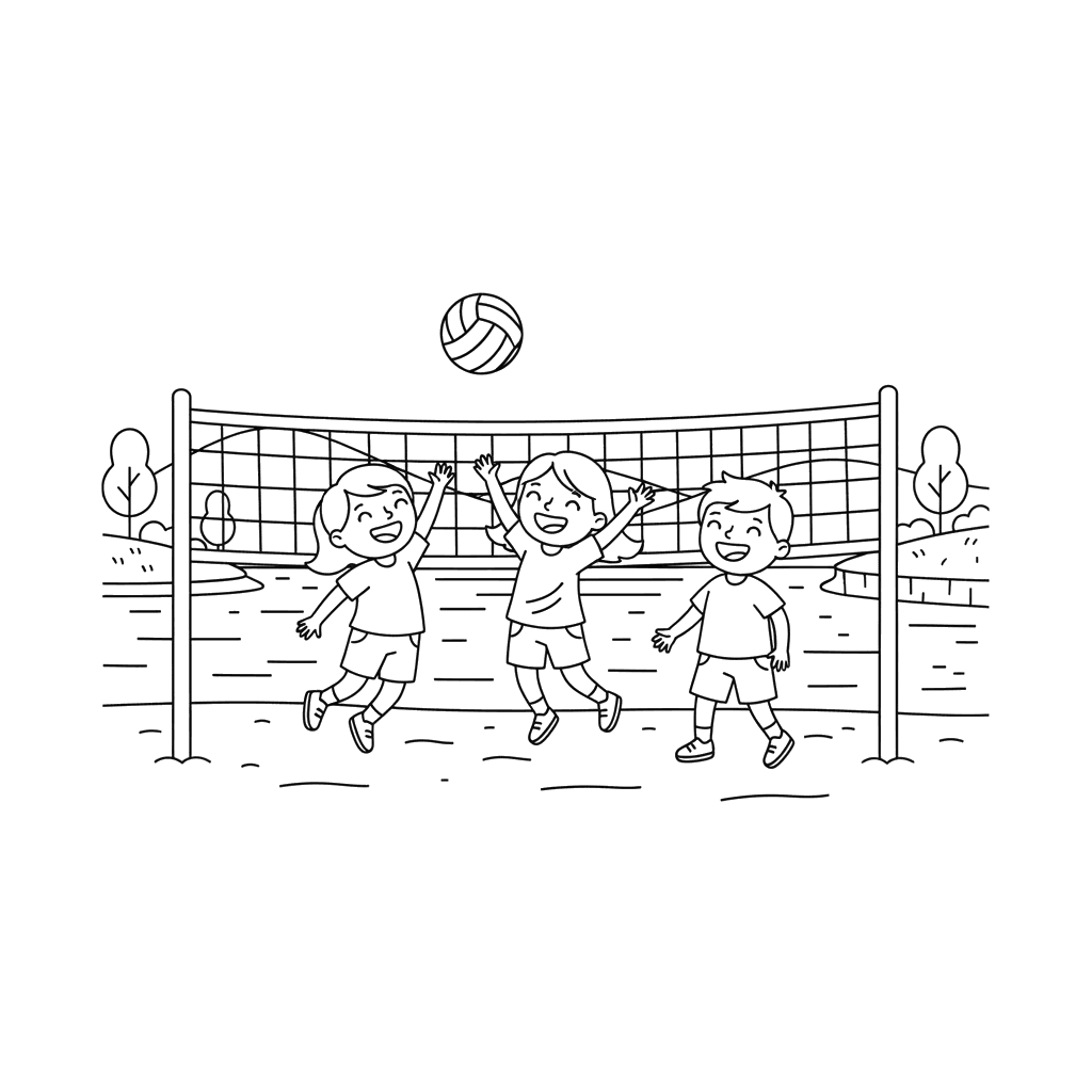 Dibujo para colorear: Amigos jugando voleibol junto al lago