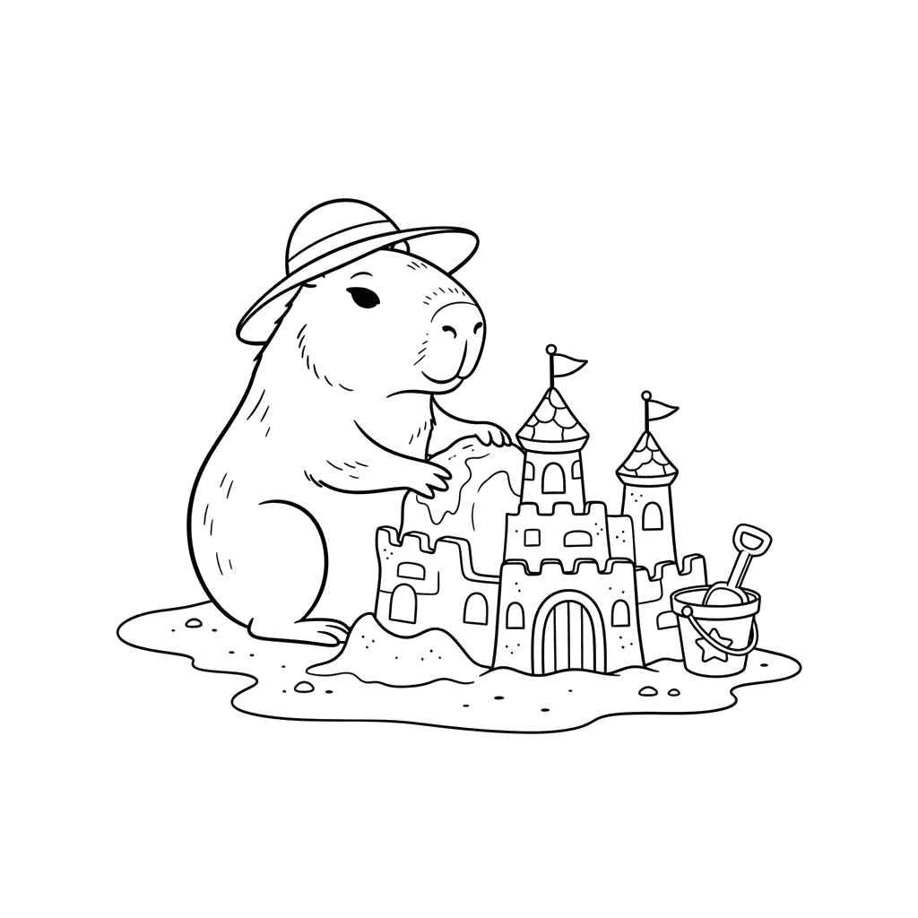 Capybara Building a Sandcastle Coloring Page