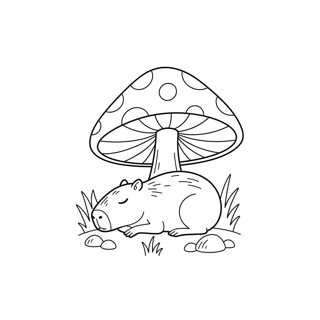 Coloriage Capybara Endormi Sous un Champignon