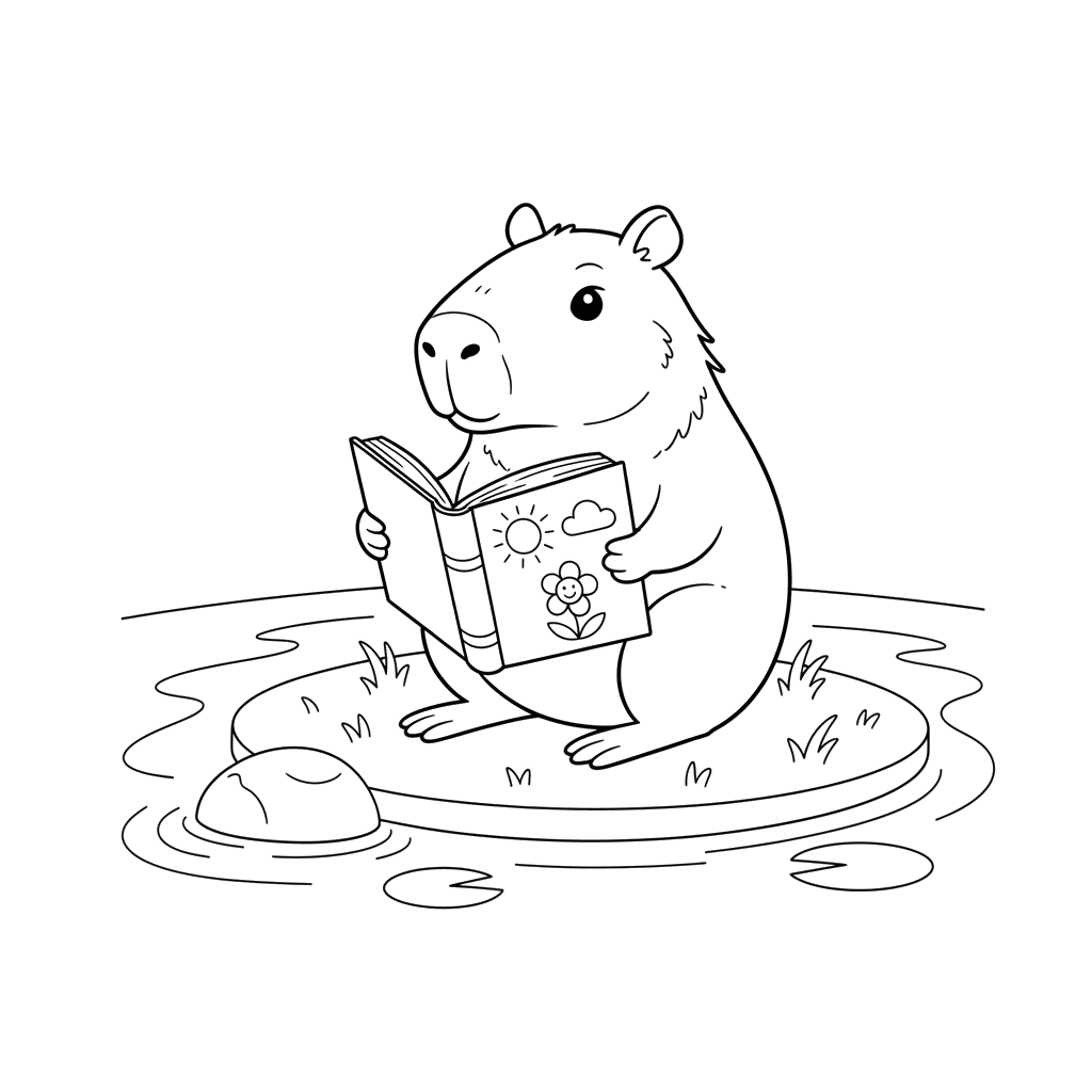 Coloriage Capybara Curieux Lisant un Livre