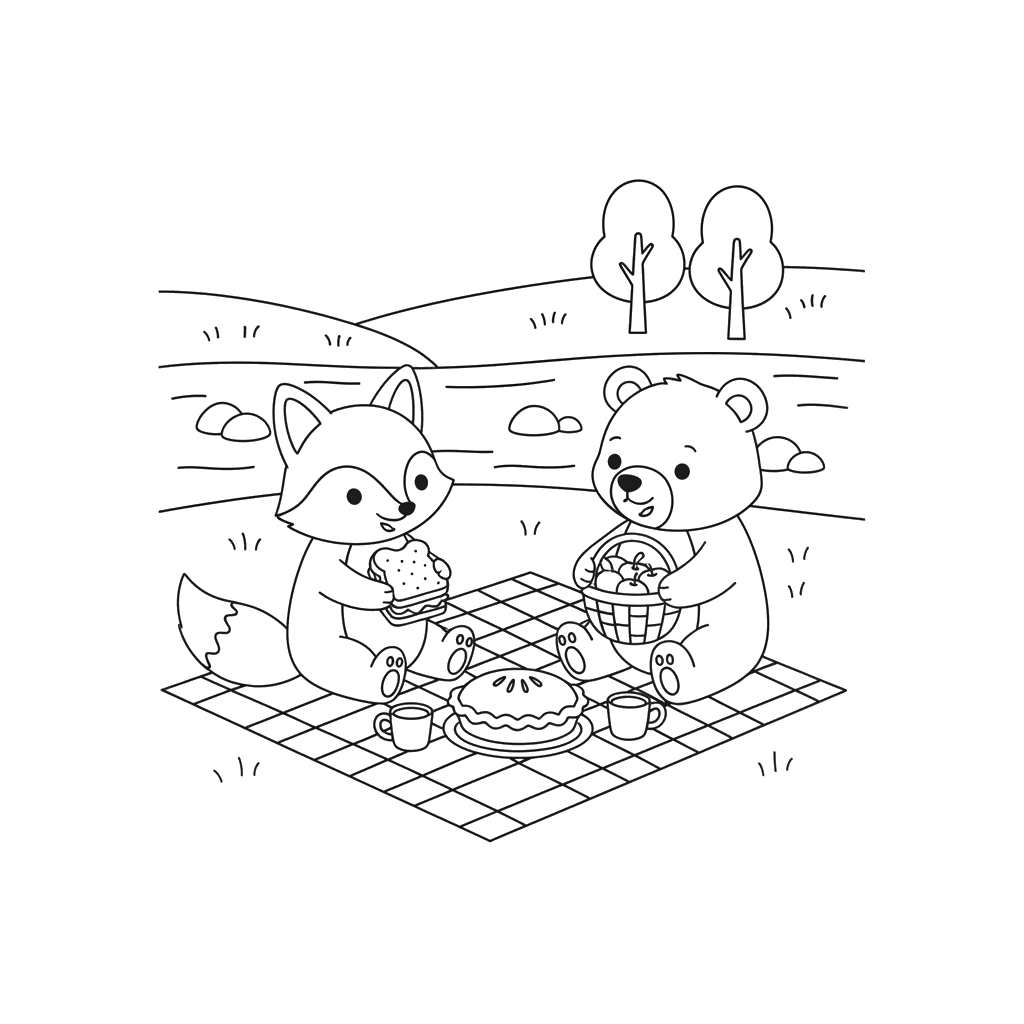 Dibujo para colorear: Amigos comiendo junto al río