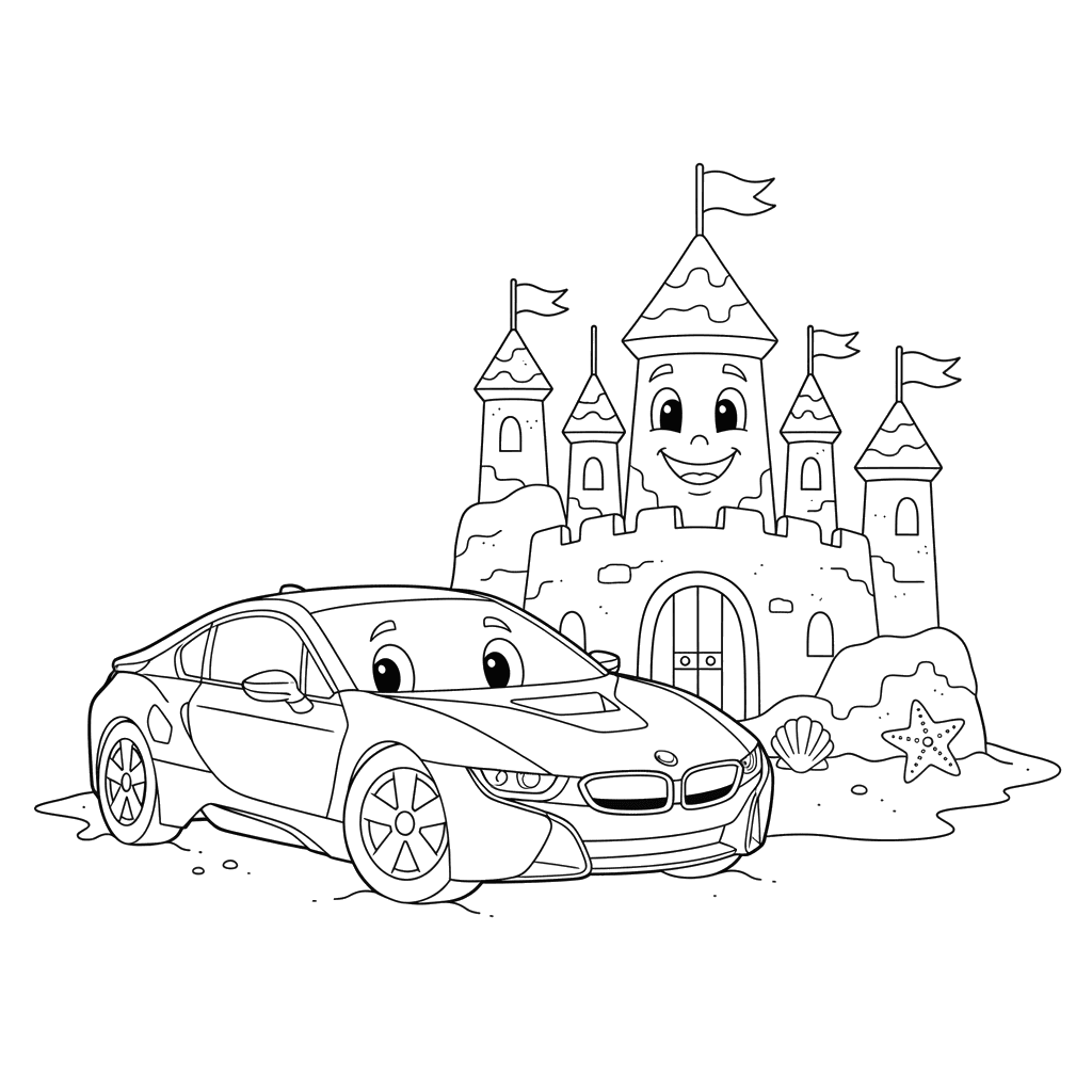 BMW Car and Giant Sandcastle Coloring Page for Kids