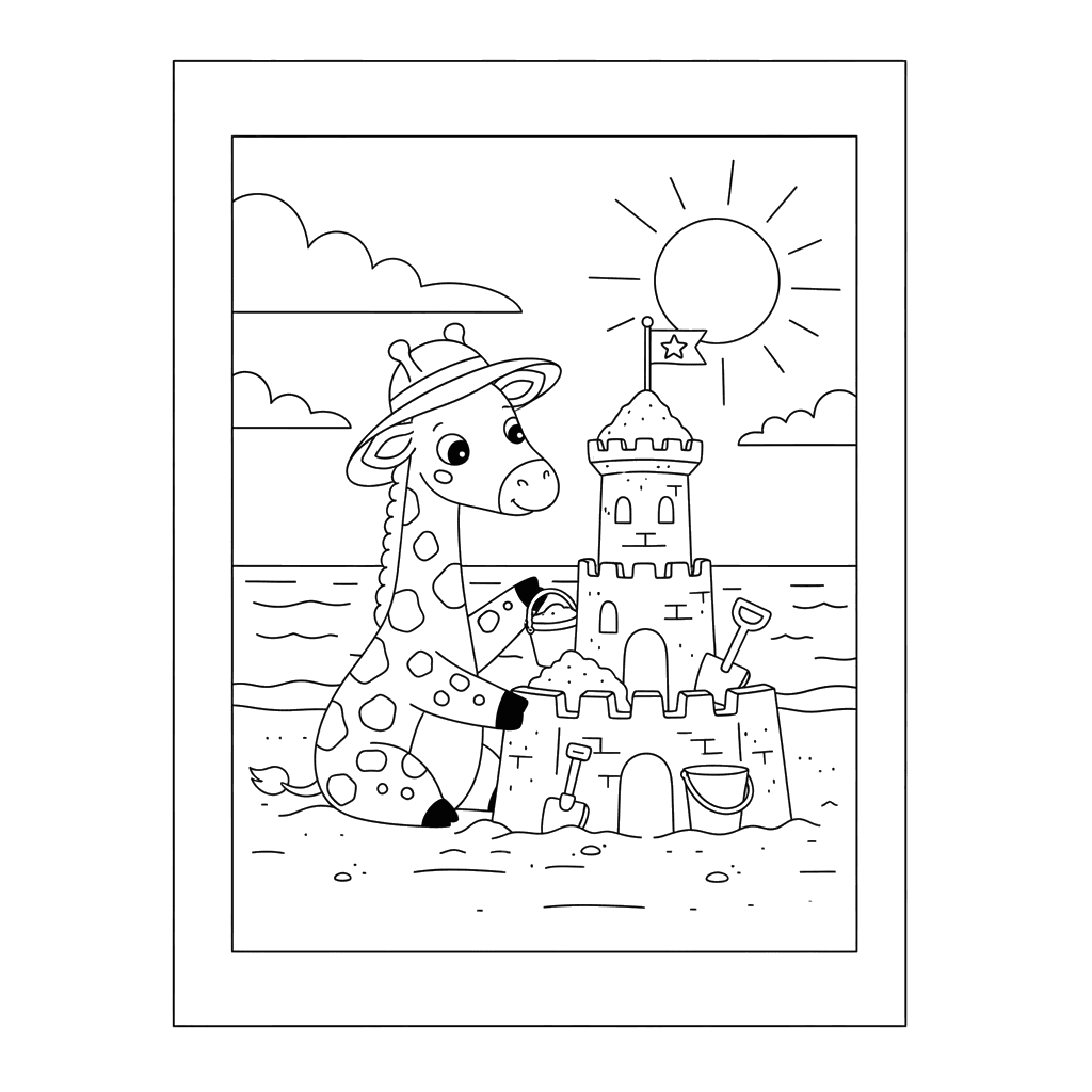 Giraffe Making a Sandcastle on the Beach Coloring Page