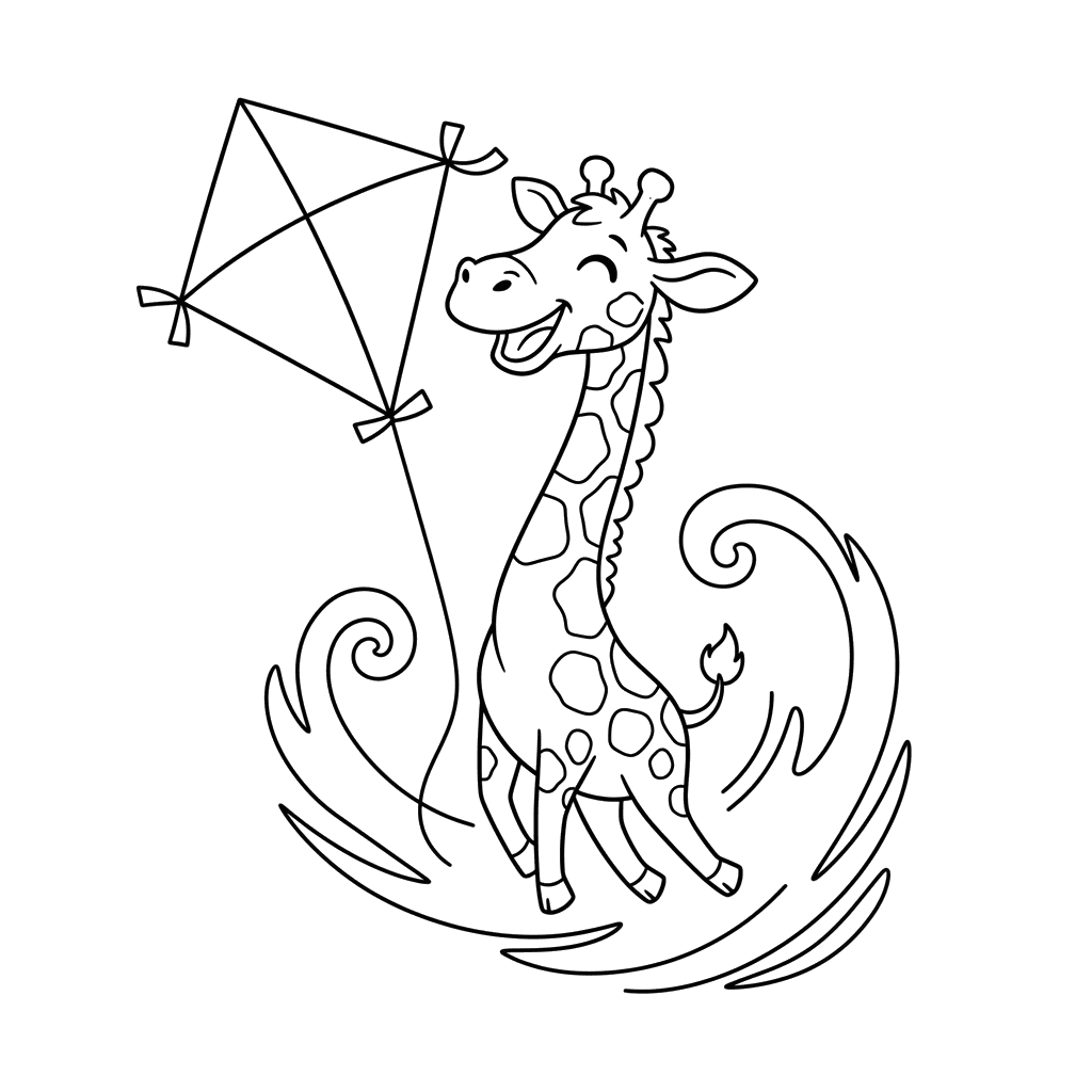Giraffe Flying a Kite Coloring Page