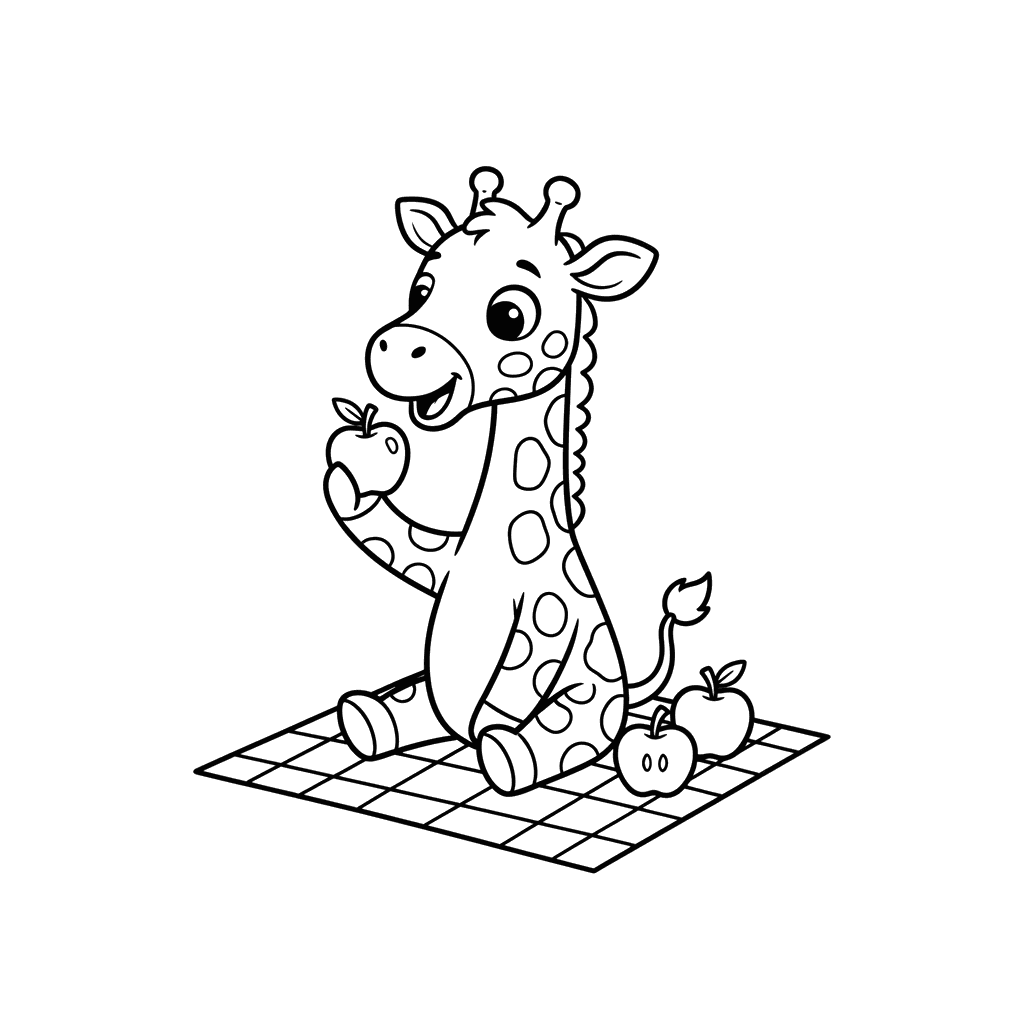 Giraffe Picnic with Apples Coloring Page