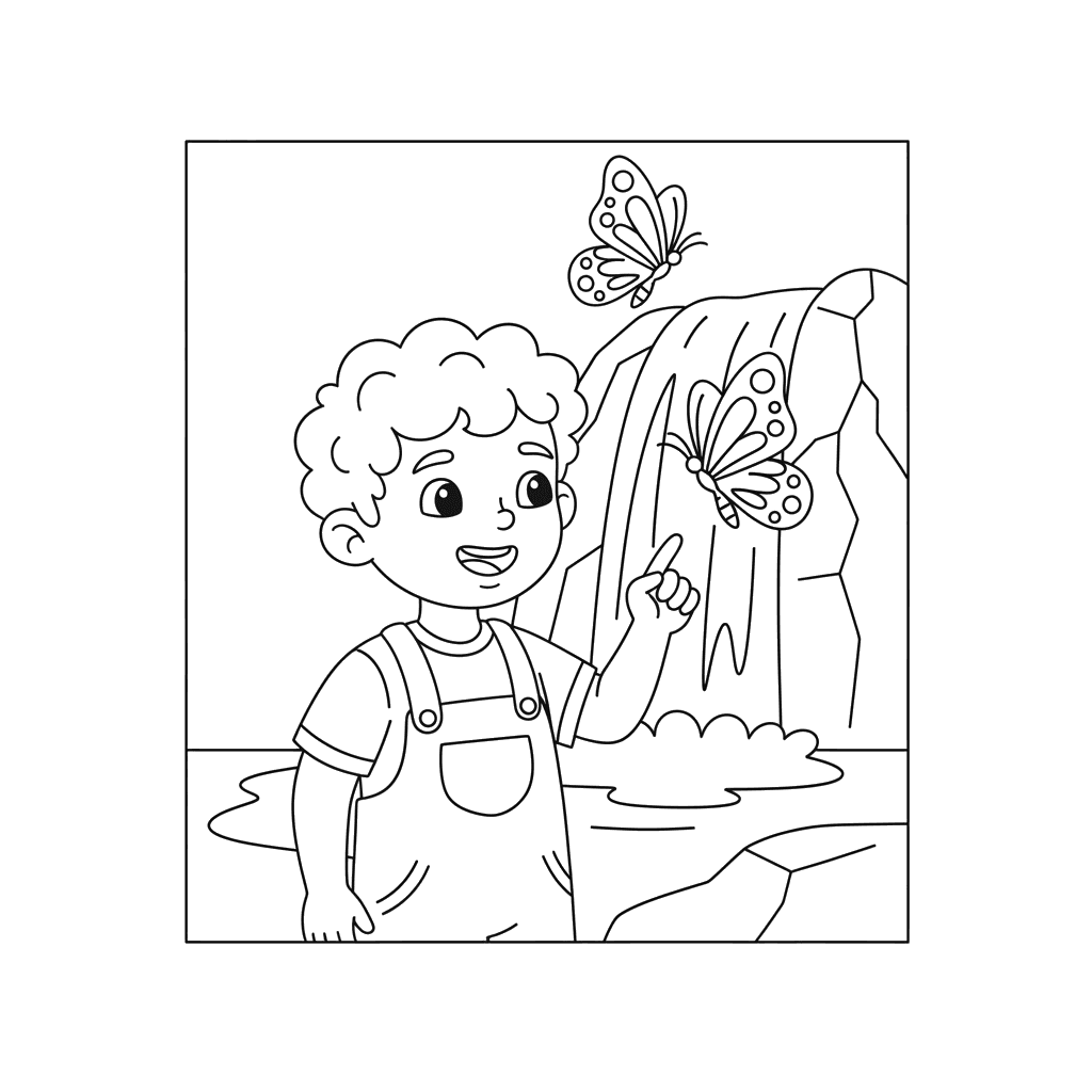 Boy, Butterflies, and Mountain Waterfall Coloring Page