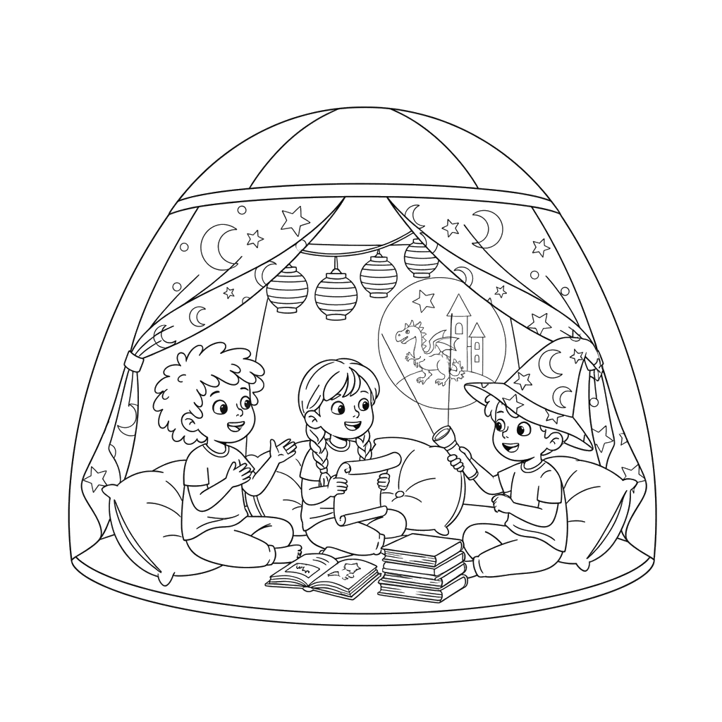 Kids Telling Stories in a Cozy Tent Coloring Page