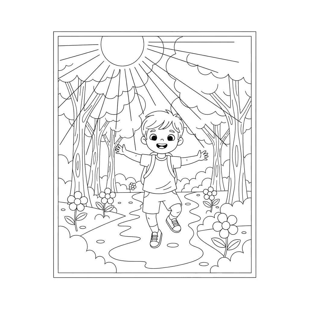 Child Skipping on a Sunny Forest Path Coloring Page