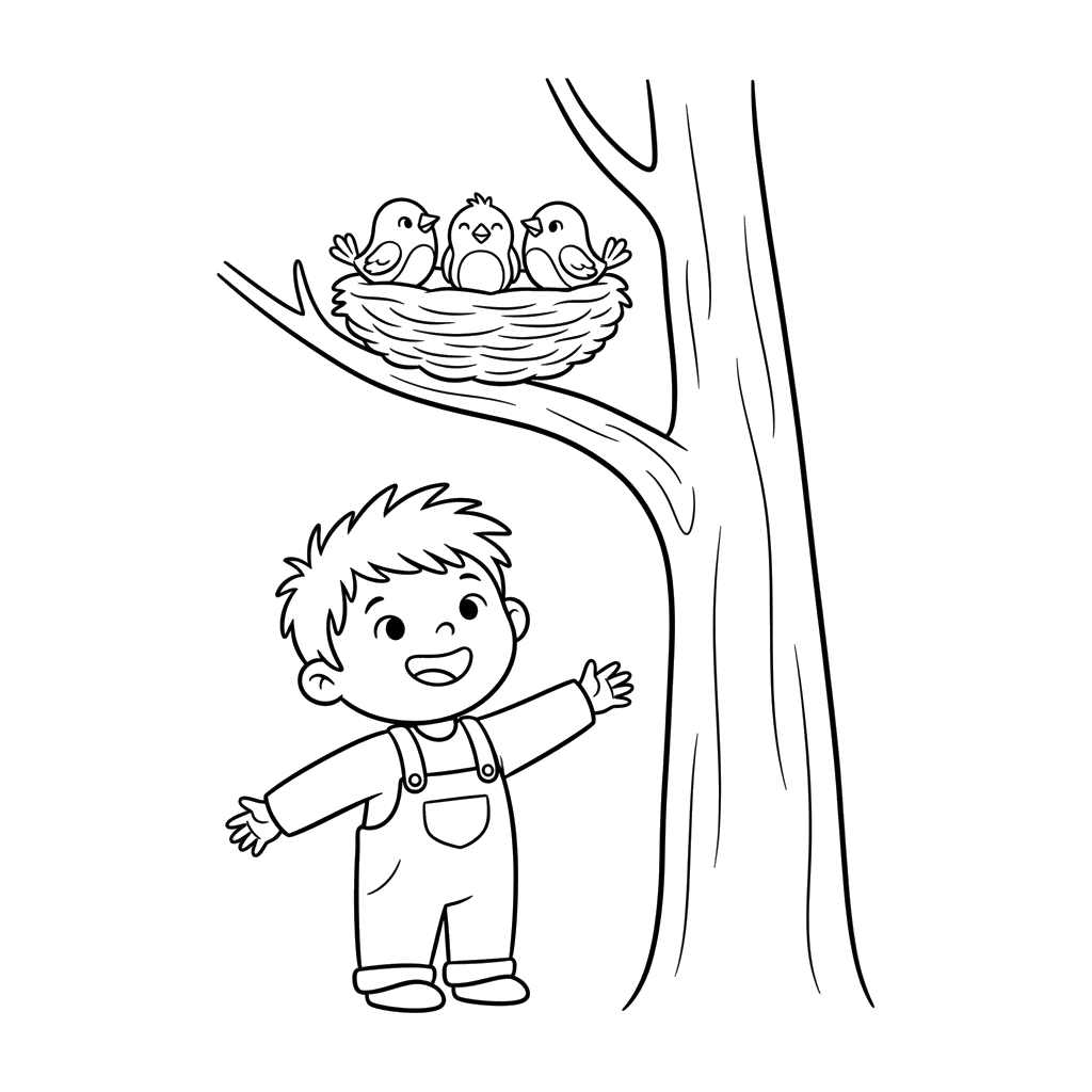 Child Looking at a Bird's Nest Coloring Page