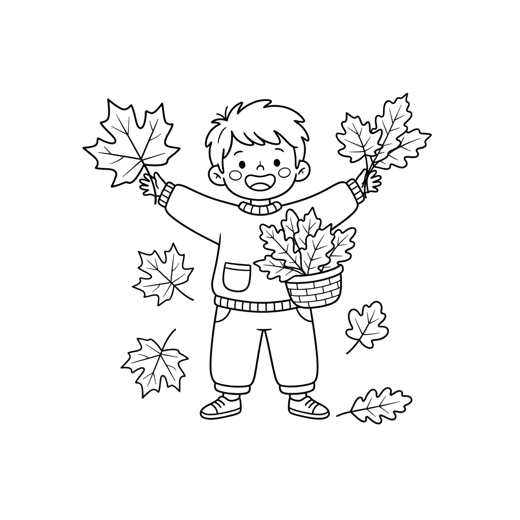 Child Collecting Autumn Leaves Coloring Page