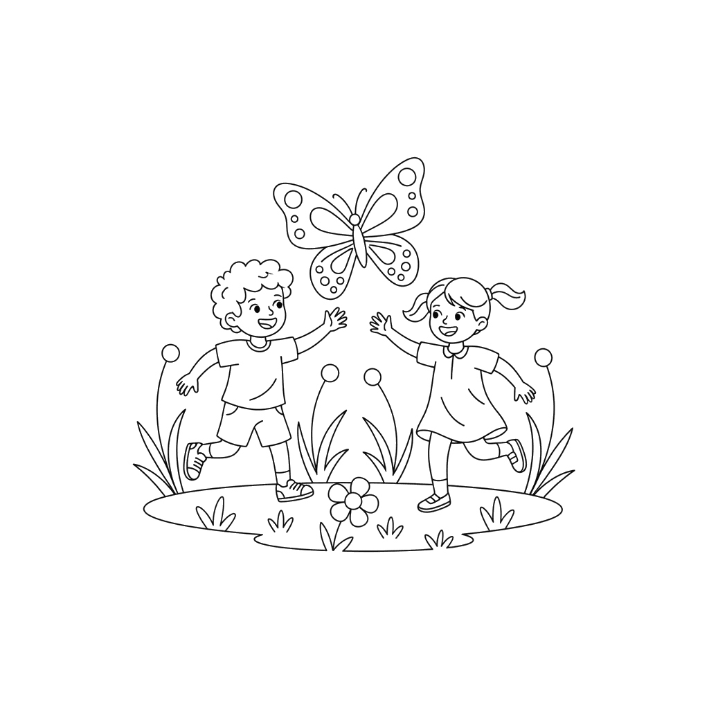 Children Following a Butterfly Coloring Page