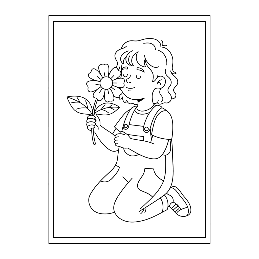 Child Smelling a Wildflower Coloring Page