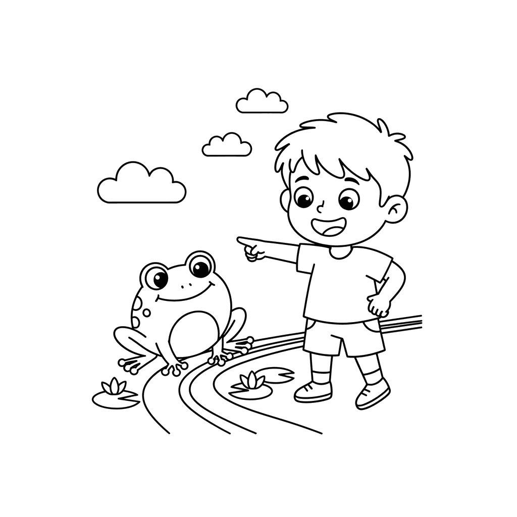 Child Watching Frog on Path Coloring Page
