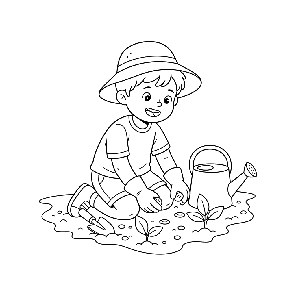 Boy Planting Seeds Coloring Page