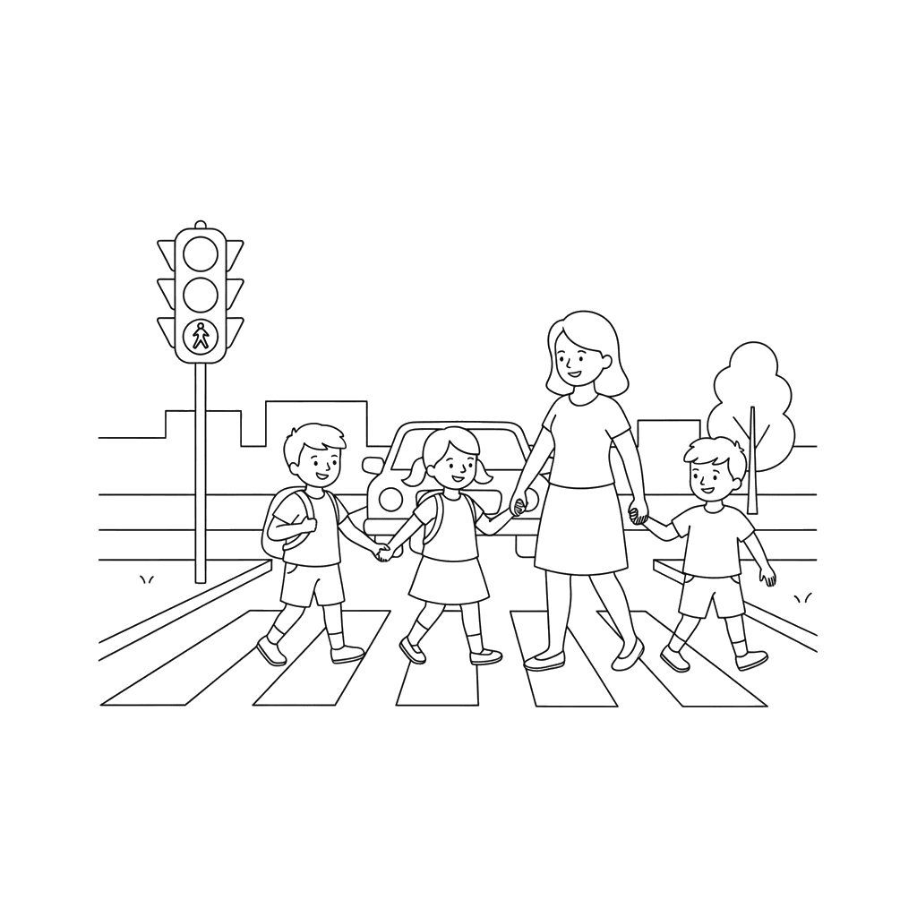 Children Crossing the Road Coloring Page