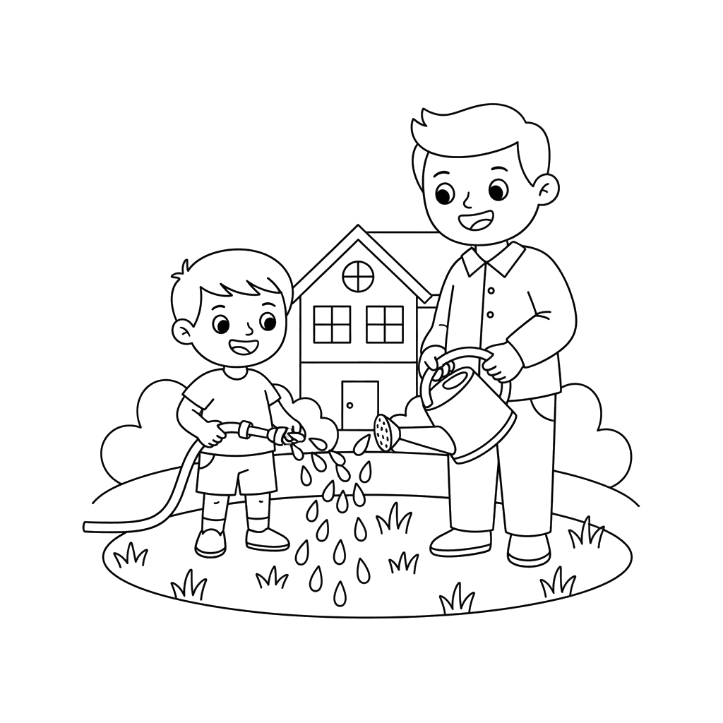 Boy Helps Dad Water the Lawn Coloring Page