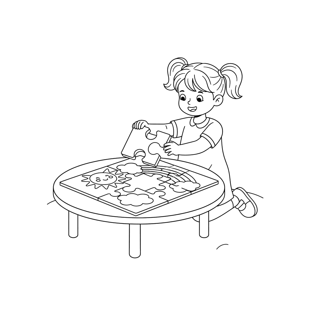 Girl Doing a Jigsaw Puzzle Coloring Page