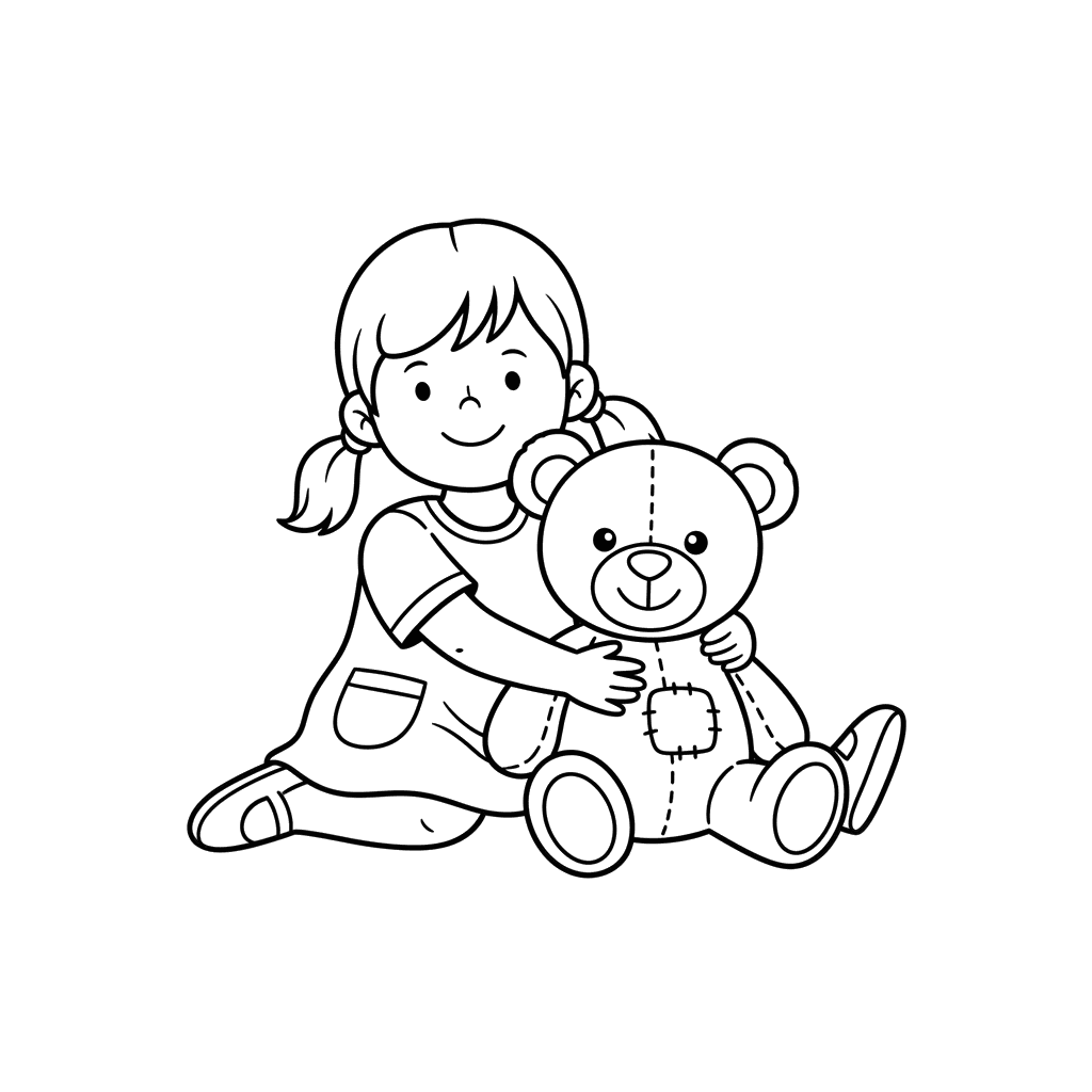 Dibujo para colorear: Niña jugando con osito de peluche