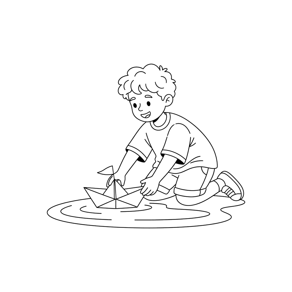 Boy Playing with a Paper Boat Coloring Page