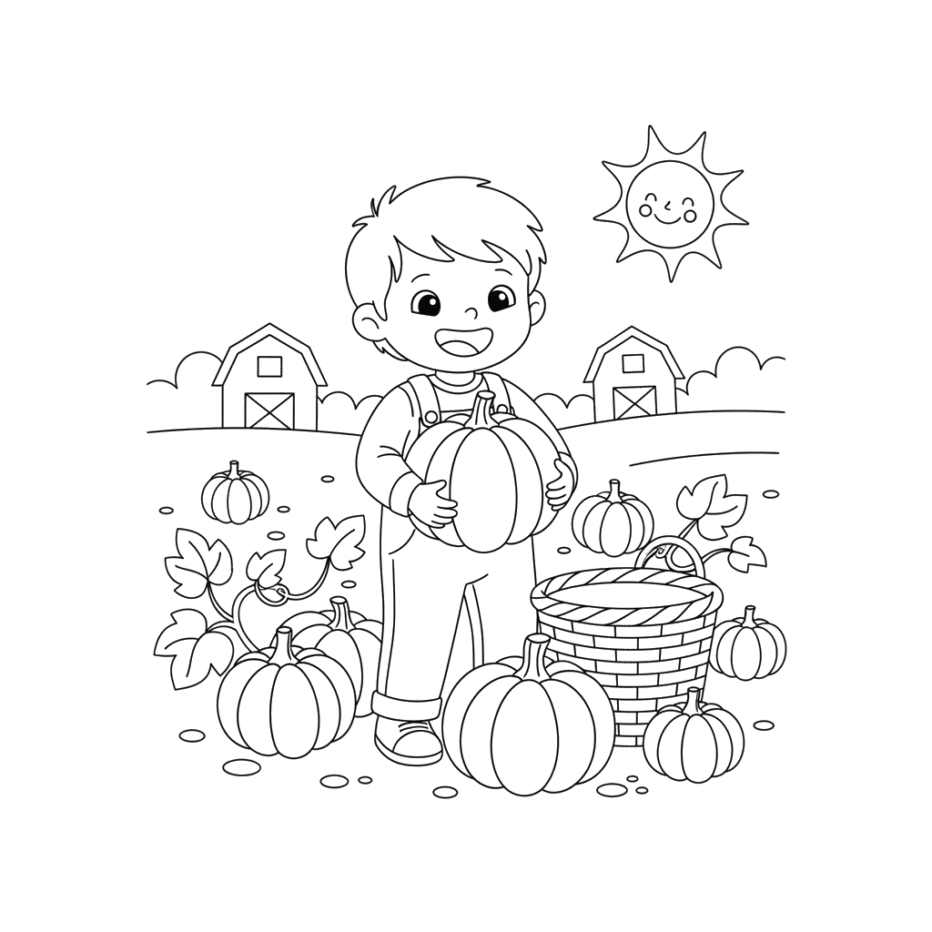Kids Collecting Pumpkins Coloring Page