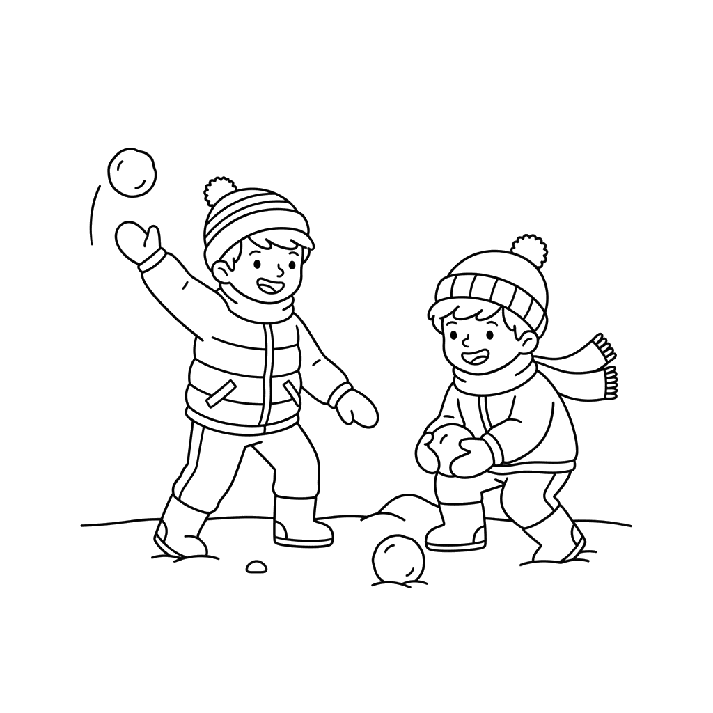 Children Playing Snowballs Coloring Page