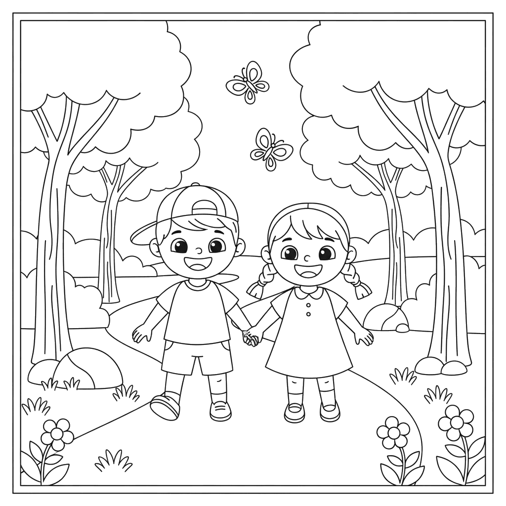 Children Walking on a Forest Path Coloring Page