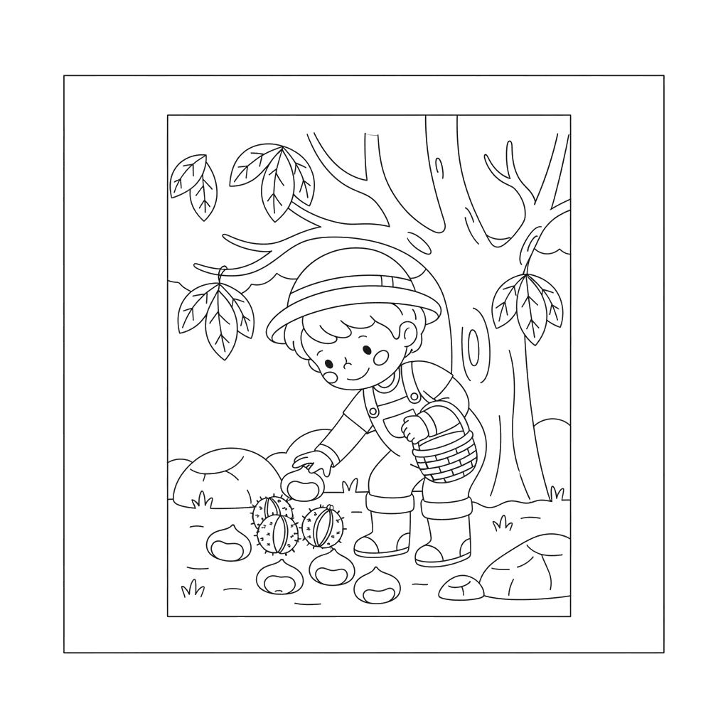 Children Collecting Chestnuts Coloring Page