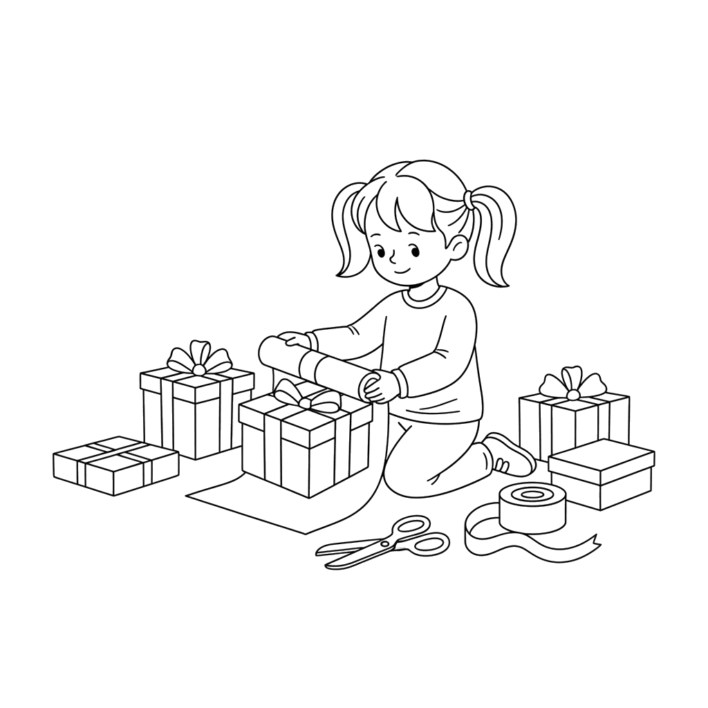 Girl Wrapping Gifts Coloring Page