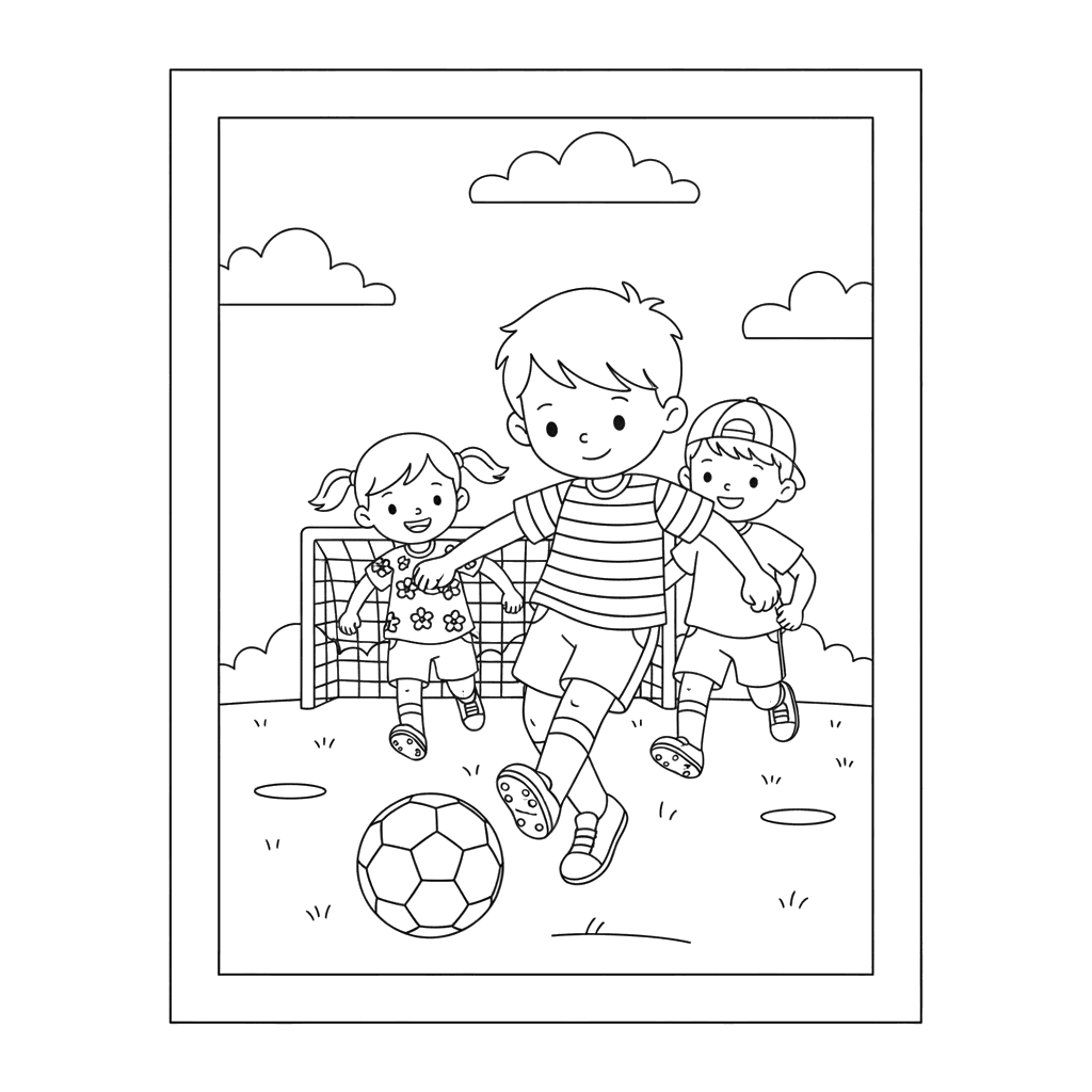 ColorBoom: Boy Playing Soccer with Friends Coloring Page