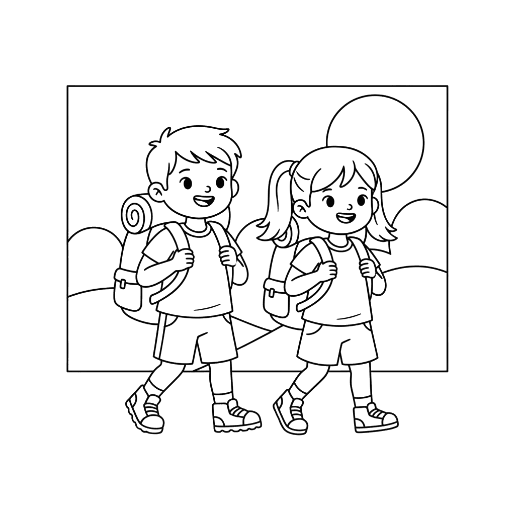 Kids Hiking with Backpacks Coloring Page