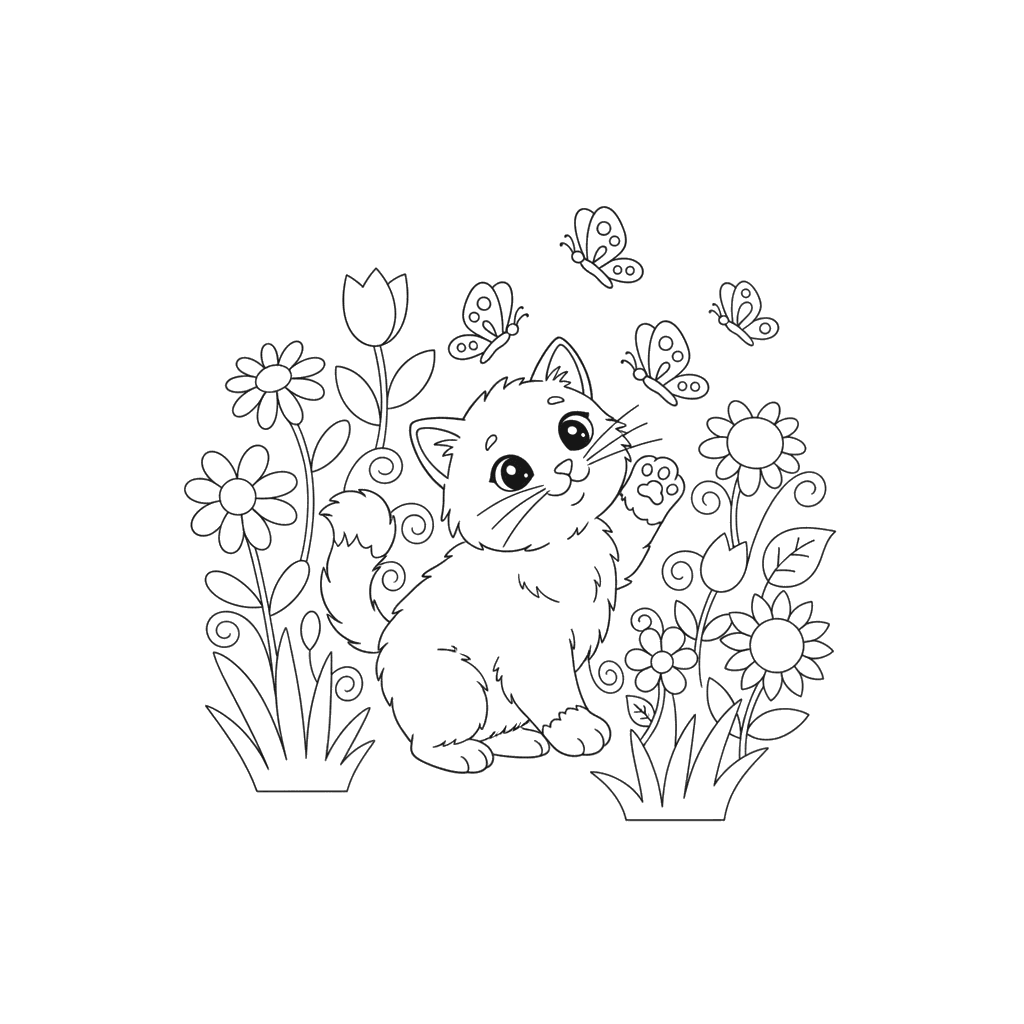 Cute Kitten in a Butterfly Garden Coloring Page