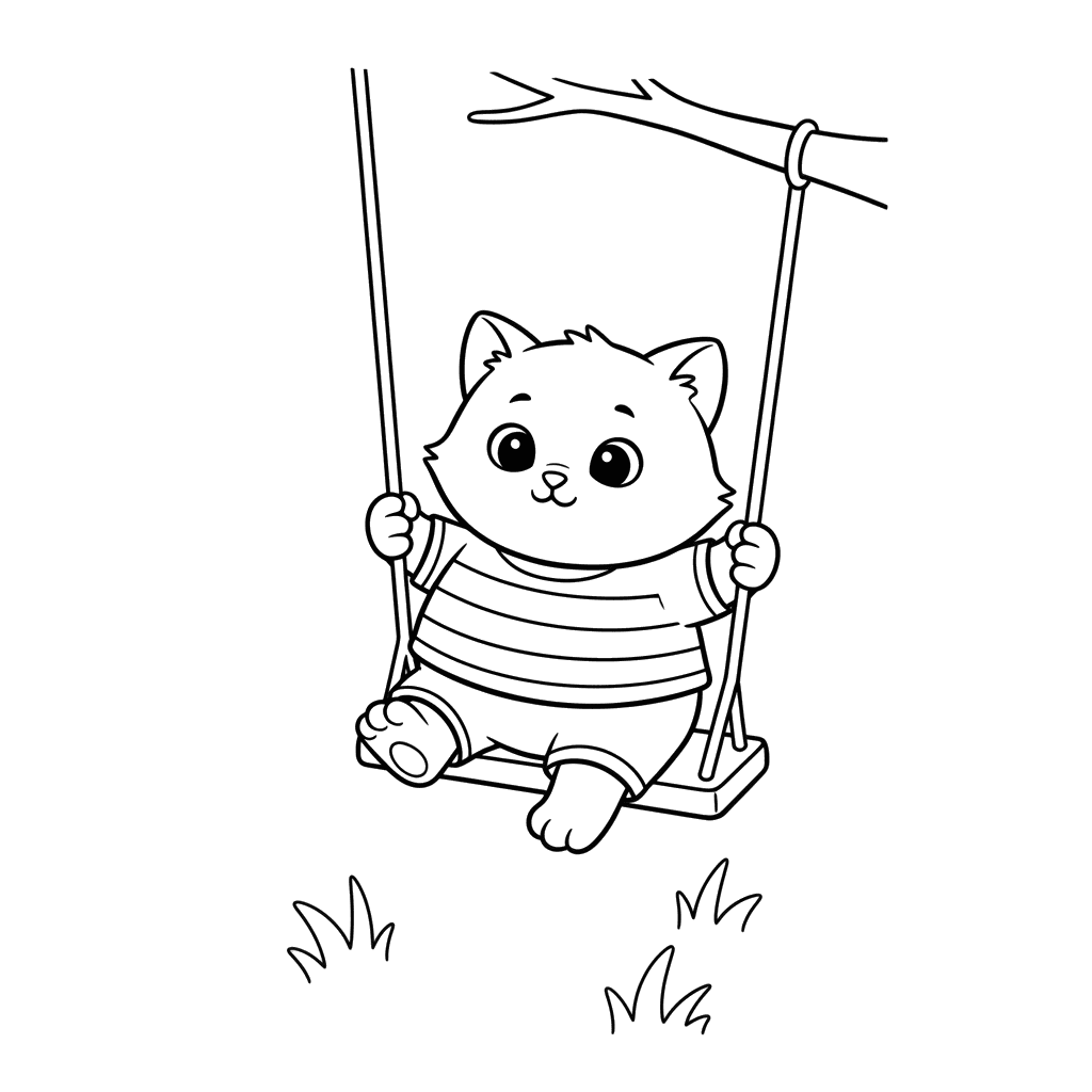 Kitten on a Swing Coloring Page