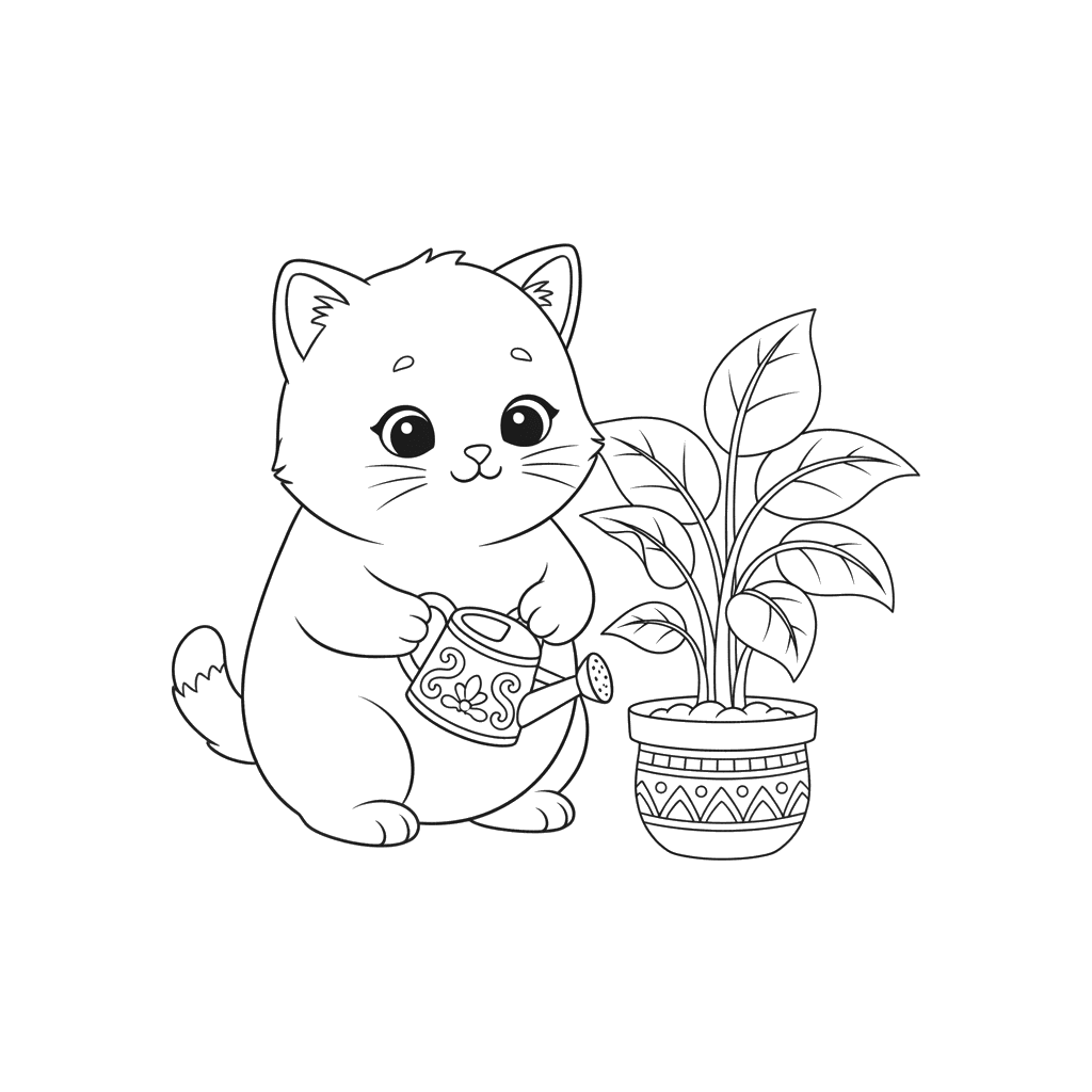 Kitten Watering Plants Coloring Page