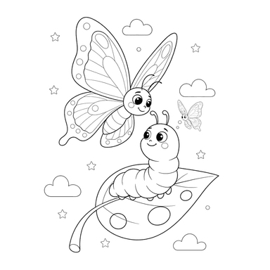 Butterfly Meets Caterpillar Coloring Page