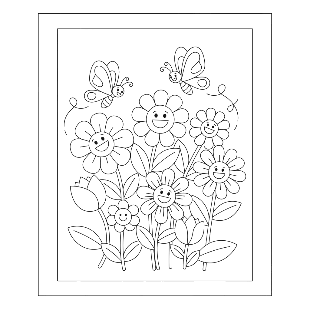 Butterfly and Farm Flowers Coloring Page