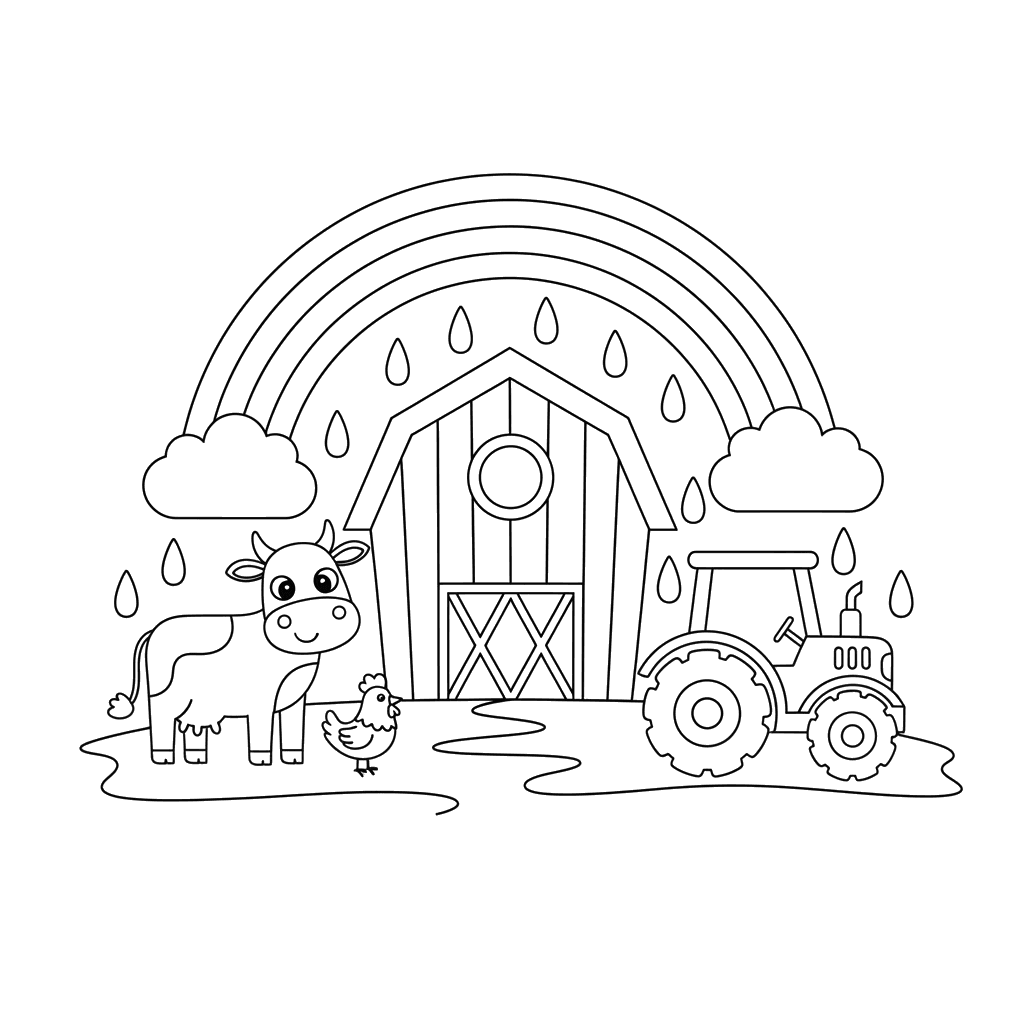Rainbow Farm Coloring Page for Kids