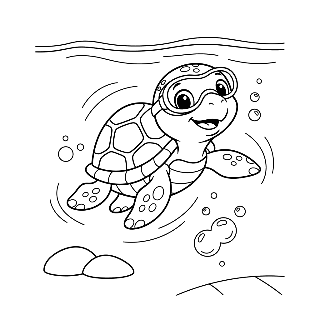 Cute Turtle Swimming with Goggles Coloring Page