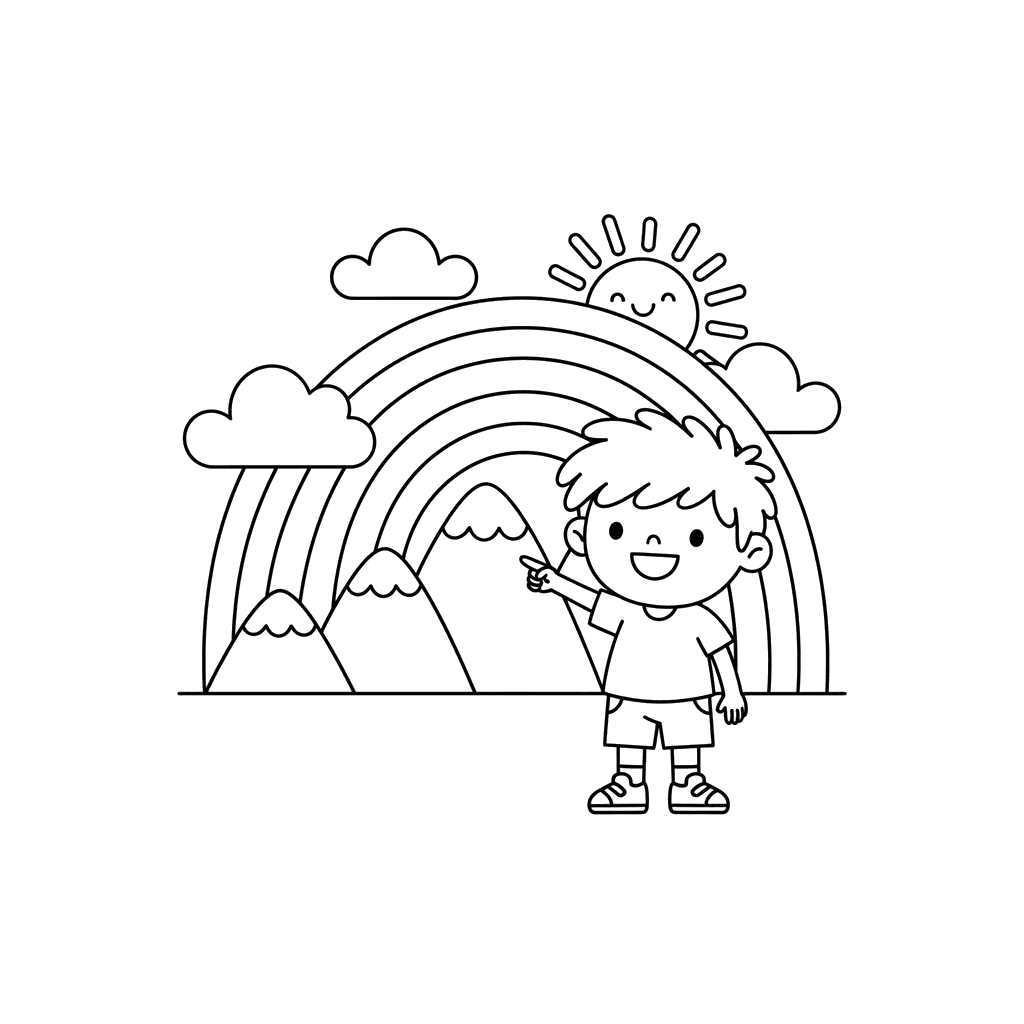 Child Pointing at a Rainbow Over Mountains Coloring Page