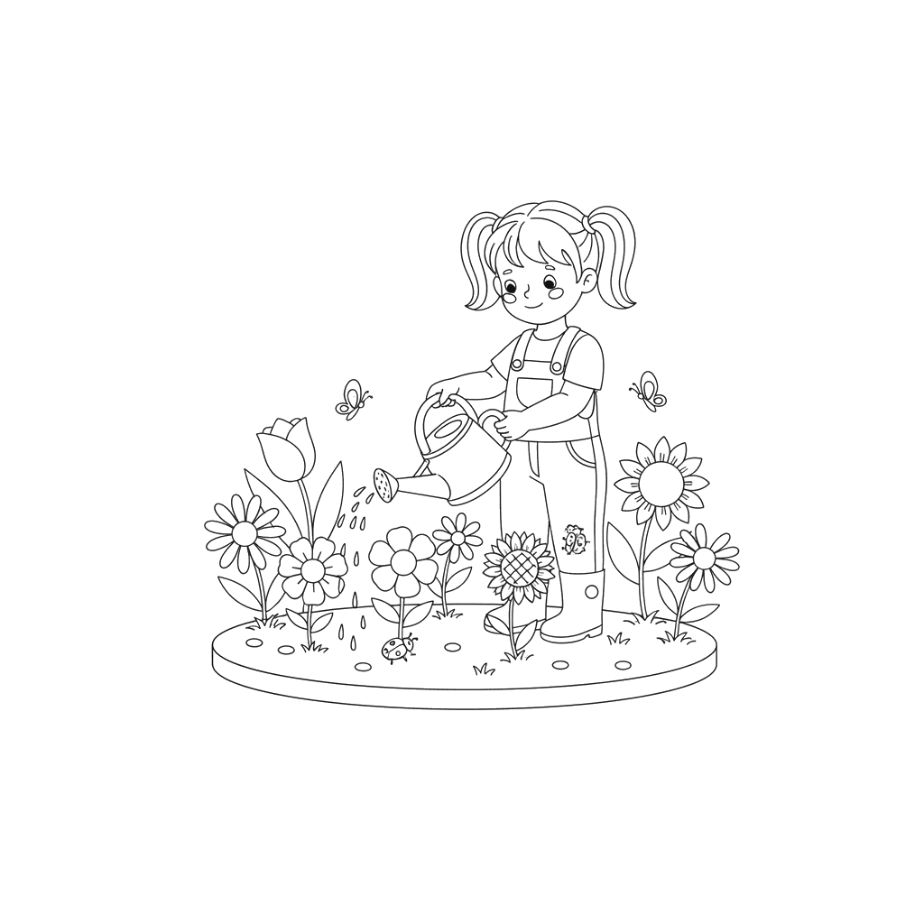 Girl Watering Flowers Coloring Page