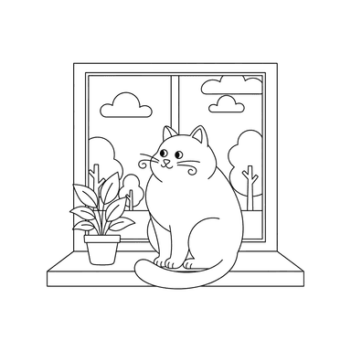 Cat on Windowsill Coloring Page