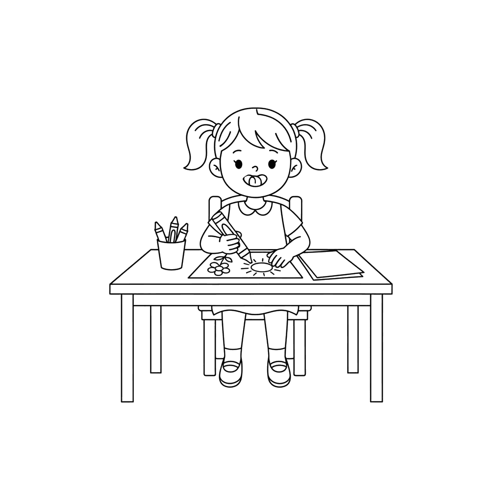 Girl Drawing at a Table Coloring Page